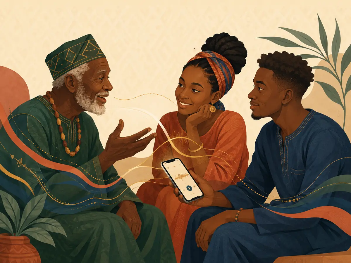 Un aîné transmet une langue à de jeunes apprenants qui utilisent aussi le téléphone pour écouter et répéter.